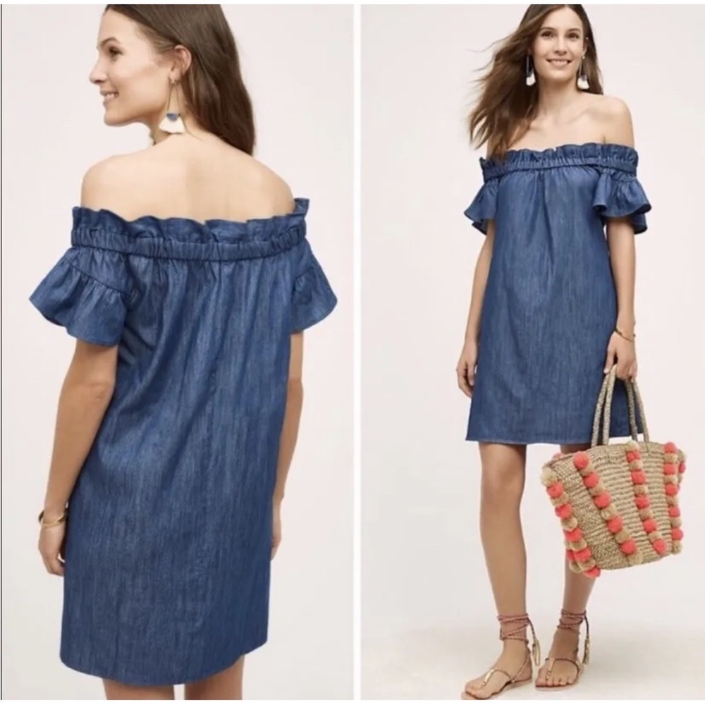 Anthropologie Corey Lynn Calter Chambray Off Shoulder Ruffle Dress, Size XS